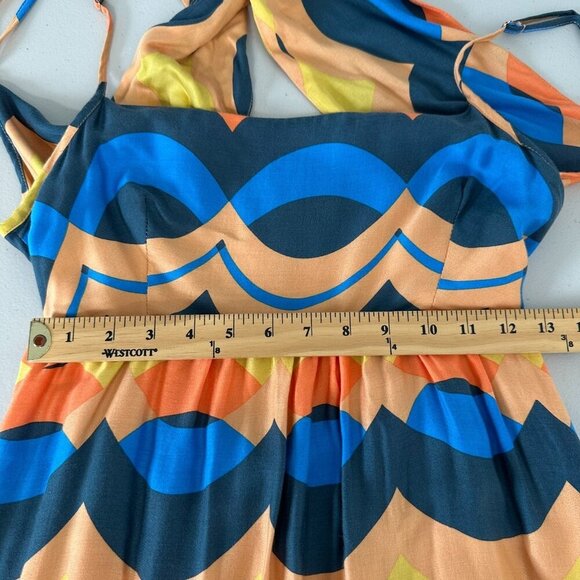 Olivaceous Tie Back Midi Dress Size M Chevron Orange Blue Tiered Boho - Picture 5 of 9